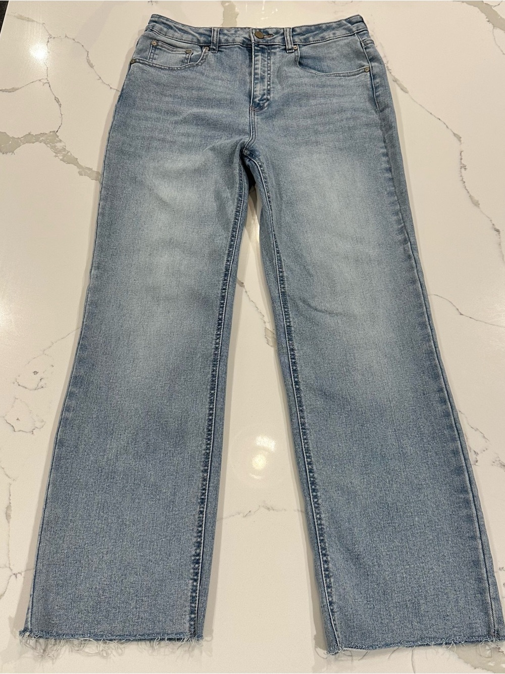 OAT New York Jeans High Rise Wide Leg Raw Hem 10 / 30 Light Wash Denim Stretch